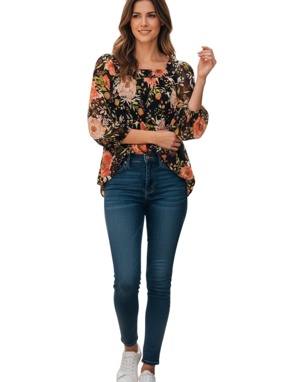 LC Lauren Conrad Blouse Womens XS Black Pink Floral Square Neck Long
